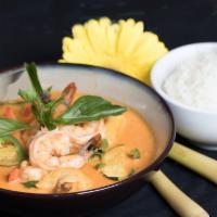 Red Curry (C2) · Bell peppers, long hot chili, bamboo shoots, zucchini, basil leaves.
