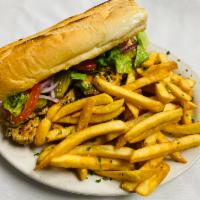 Grilled Chicken Sub · Grilled chicken breast seasoned with Italian herbs with mayo, lettuce, tomato and pickles se...