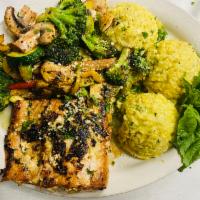 Grilled Salmon Dinner · Grilled salmon fillet served with Italian creamy risotto and vegetables.Comes with garlic br...