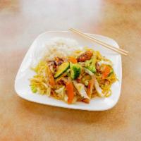 Chicken Yakisoba · Stir fried noodles with vegetables and chicken teriyaki with steamed rice