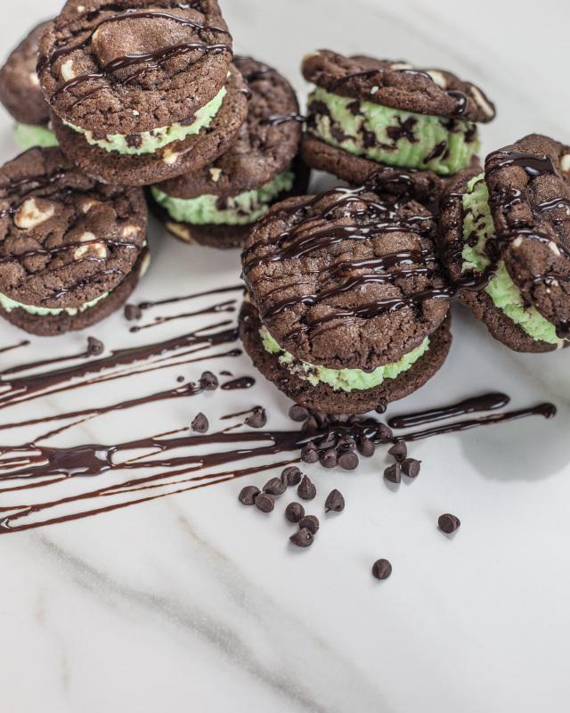 Mint Brownie Sandwich · Frozen mint cheesecake sandwiched between two brownie cookies.