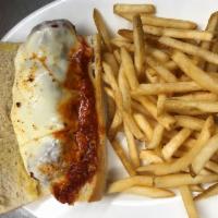 Chicken Parmigiana Sandwich · Breaded chicken cutlet topped with marinara, melted mozzarella on a long Italian roll.