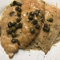 Chicken Piccata · Chicken breast sauteed capers, lemon butter sauce served over linguine.