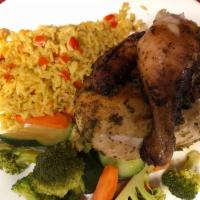 1/2 Roasted Chicken · 1/2 of a large whole chicken roasted herb-seasoned slowly roasted served with seasoned rice ...
