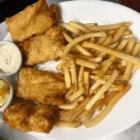 Fish N Chips · Battered codfish with french fries served with tartar sauce.