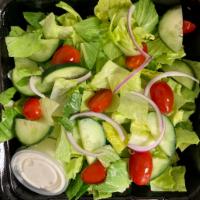 House Salad · Romaine lettuce, tomatoes, cucumbers, and red onions.