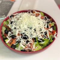 Antipasto Salad · Romaine lettuce, tomatoes, cucumbers, pepperoni, calabrese, provolone, black olive and peppe...