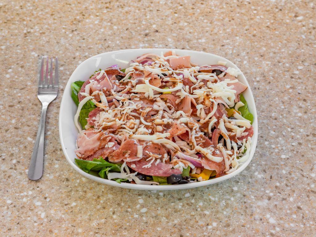 Antipasto Salad · Romaine, balsamic vinaigrette, salami, ham, shredded mozzarella, pepperoncini, black olives, tomato, red onion.