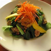Spiced Chicken and Spinach Salad · Baby spinach, candied pecans shaved mango, creamy chipotle dressing.