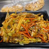 Combo Chow Mein · Not a noodle dish. All 4 meats and vegetables paired with hard noodles on the side.