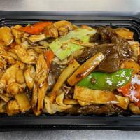 CS11. Beef and Chicken Hunan Style · Sliced beef and sliced chicken sauteed with snow peas, carrots, mushrooms, bamboo shoots, wa...