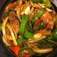 Spicy Beef w/ Basil Dinner(Thai Style) · Thai style. Stir fried Beef with fresh basil, jalapeno, onion, green pepper and ginger. Serv...