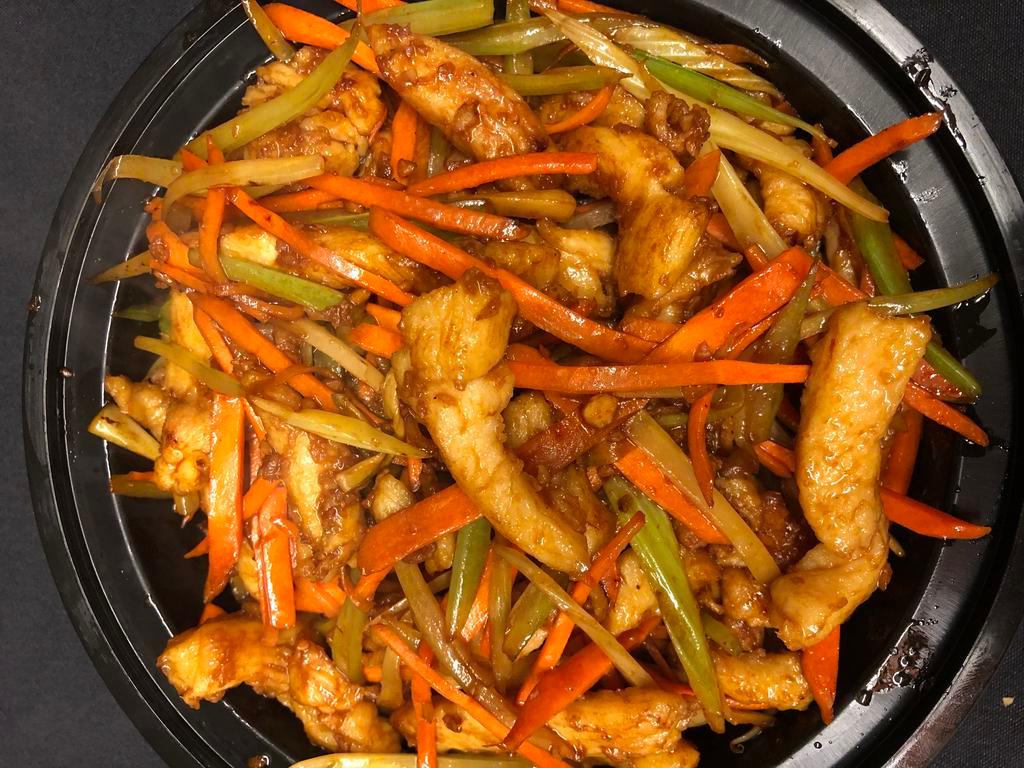 Szechuan Chicken Dinner · Celery, carrot and spicy szechuan sauce. Served with choice of rice. Spicy.