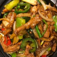 Spicy Pork with Basil (Thai Style) Dinner  · Stir fried pork with fresh basil, jalapeño, onion,bell pepper , served with choice of rice, ...
