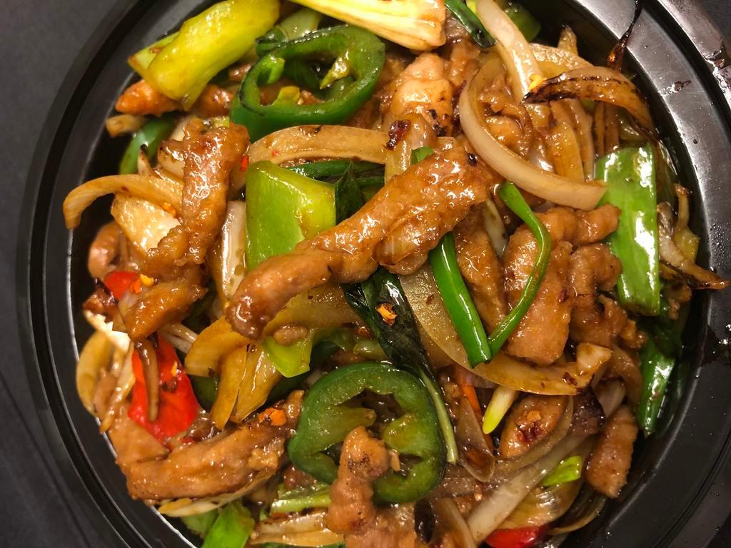 Spicy Pork with Basil (Thai Style) Dinner  · Stir fried pork with fresh basil, jalapeño, onion,bell pepper , served with choice of rice, spicy