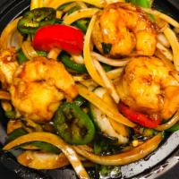 Spicy Shrimp with Basil (Thai Style) · Stir fried shrimp with fresh basil,jalapeño, onion,,bell pepper, served with choice of rice ...
