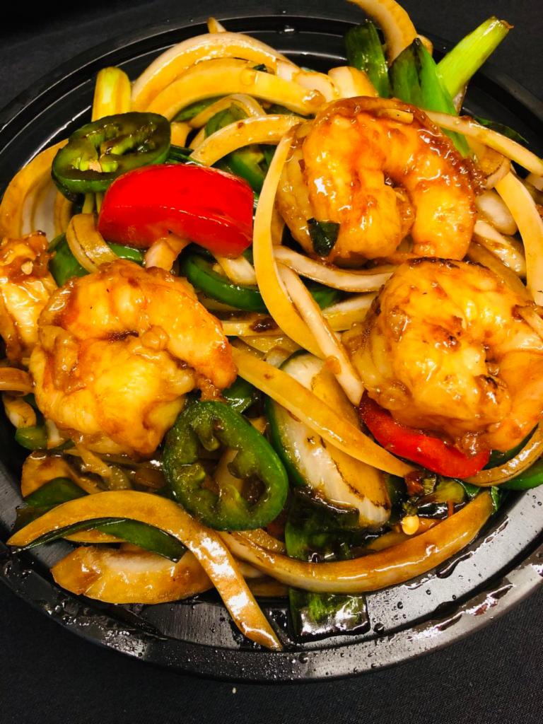 Spicy Shrimp with Basil (Thai Style) · Stir fried shrimp with fresh basil,jalapeño, onion,,bell pepper, served with choice of rice , spicy.