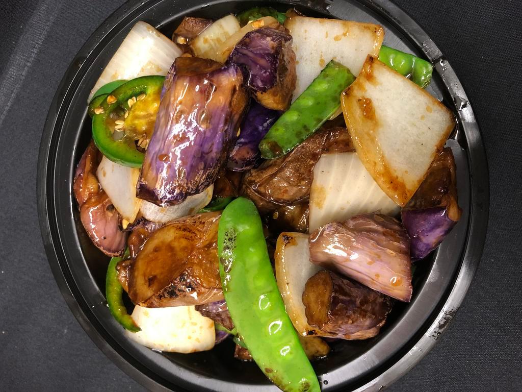 Mongolian Eggplant Dinner · Onion, eggplant, mushroom, jalapeno and snowpeas. Served with choice of rice. Spicy.