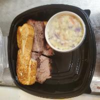 Beef Brisket Sandwich with 1 Side · Beef sandwich served on Texas toast with 1 side.