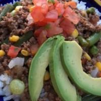 Picadillo Bowl · Choice of steak, chicken, chorizo, or roasted vegetables over bed of rice and black beans, t...