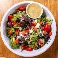 Fuel Greek Salad · Mixed Greens, Feta, Grape Tomato, Kalamata Olives, Red Onion, Red Bell Pepper, Cucumber, Fue...