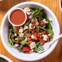 Strawberry Spinach Salad · Fresh Spinach, Strawberries, Red Onion, Gorgonzola, Grape Tomato, Candied Pecans, Fuel's Ber...
