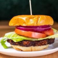 Smokey Black Bean Burger · Quinoa Black Bean Burger, Lettuce, Tomato, Red Onion, Pickles