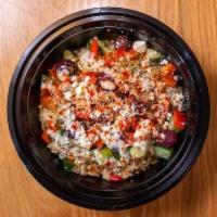Mediterranean Power Bowl · Steamed Brown Rice, Cucumber, Red Onion, Kalamata, Feta, Greek Dressings, Tzatziki Drizzle, ...