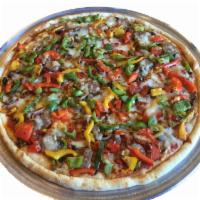 The Works New York Thin Crust Pizza · Pepperoni, sausage, mushrooms, bell pepper, onions and black olives.