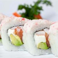 Galaxy Roll · Salmon, shrimp, avocado, cream cheese and tampico paste on top.