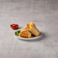 Breakfast Burrito · 2 strips of bacon, 1 sausage, 2 eggs scrambled and cheddar cheese all wrapped in a warm flou...
