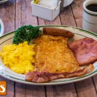 Lumberjack Breakfast · 2 eggs any style, waffle or 2 pancakes, 1/2 slice of ham, 2 strips of bacon, 1 large sausage...