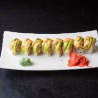P.P Boy Roll · Spicy shrimp, spicy kani with avocado on top with spicy mayo.