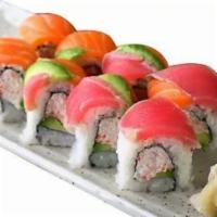 23. Rainbow Roll · California roll with tuna, salmon, avocado on top.