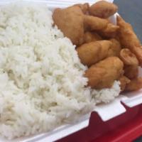 C6. Sweet and Sour Chicken Combo · Served with pork fried rice and an egg roll.