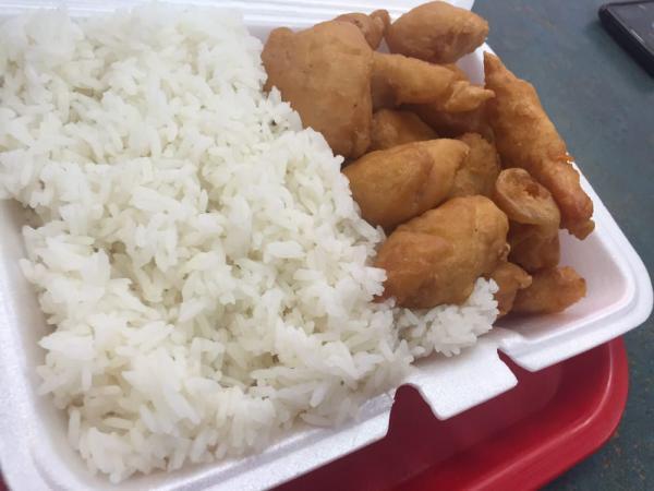 C6. Sweet and Sour Chicken Combo · Served with pork fried rice and an egg roll.