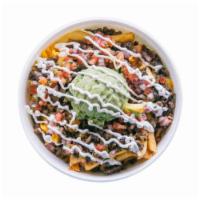 Loaded No Protein Fries · No protein - French fries with cheddar cheese, pico de gallo, guacamole and sour cream drizzle