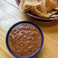 Guajillo Salsa · Guajillo chile salsa + tortilla chips (Gluten Free/Dairy Free/Vegan)