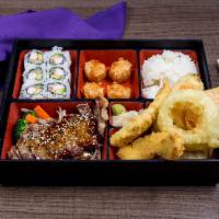 Dinner Bento D · Includes steak teriyaki, chicken tempura, fried shrimp shumai and a california roll. Include...