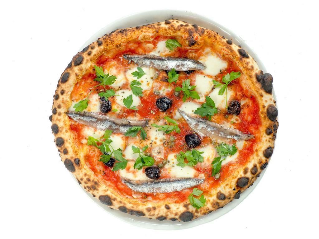 Del Popolo Pizza · Fior di latte, capers, San Benedetto anchovies, oregano and olives.