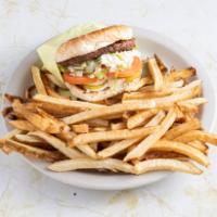 Hamburger · 1/3 lb. of beef patty served your choice of mayo or mustard and lettuce, tomatoes, onions, p...