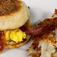 Bacon, Egg, Cheese Sandwich · Applewood smoked bacon, with scrambled eggs, and Jack cheese. Served with side.