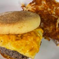 Vegetarian English Muffin · Vegan cheddar cheese, Blueberry maple sage sausage, Just egg breakfast patty, served on a to...
