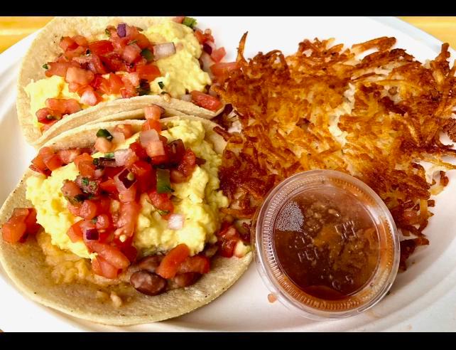 Vegan Breakfast Taco · Scrambled vegan egg, vegan cheddar cheese, seasoned black beans, and salsa fresca on you choice of corn or flour tortillas. Served with a side of house made roses hot sauce.