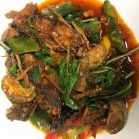 Pad Ped Pla Duk ผัดเผ็ดปลาดุก · *SEASONAL DISH* Stir fried catfish with spicy paste, thai eggplant, green peppercorn, finger...