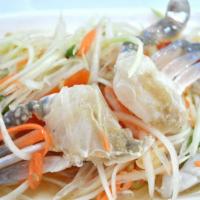 Som Tum Pu ส้มตำปู · Thai papaya salad with raw salted blue crab and palm sugar, chili garlic, string bean, tomat...