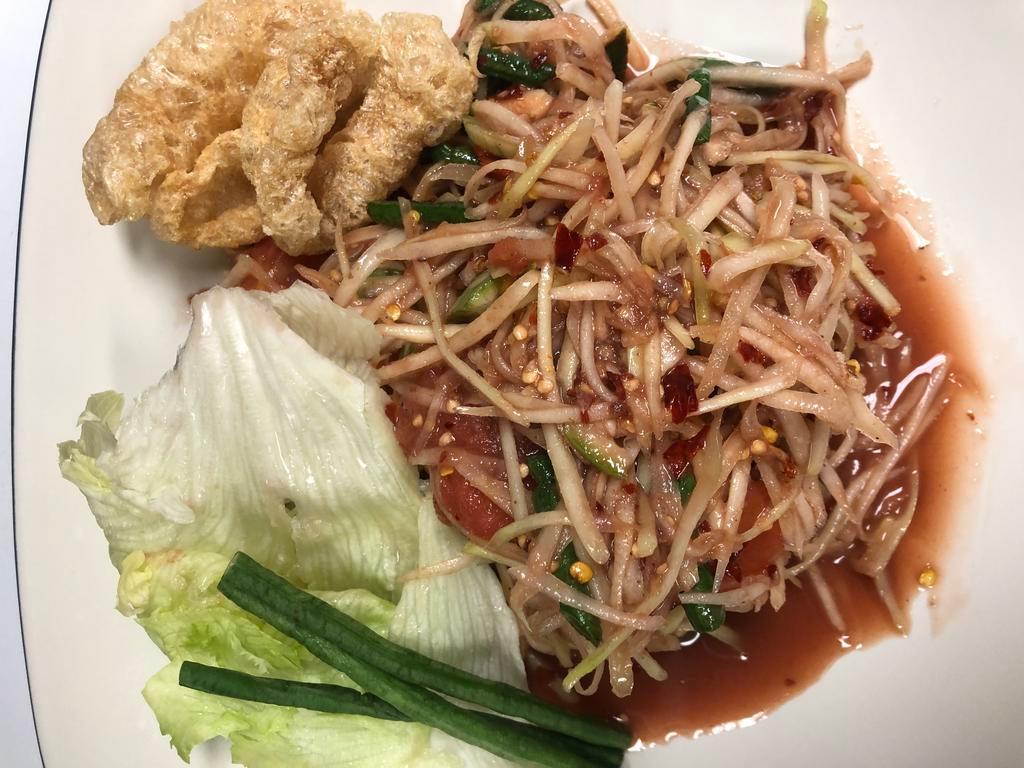 Som Tum Ka-Pi ตำกะปิ · Thai papaya salad with shrimp paste, fish paste, palm sugar, chili, garlic, string bean, tomato and fish sauce. Spicy.