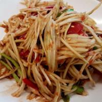 Som Tum Pla-Ra ตำปลาร้า · Thai papaya salad with fermented fish paste, palm sugar, chili, garlic, string bean, tomato ...