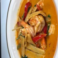 Red Curry แกงเผ็ด · Red curry paste, Thai eggplant, bamboo shoot, fresh basil, bell pepper and and coconut milk....