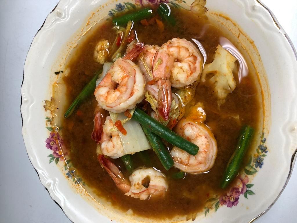 Thai Sour Curry Shrimp แกงส้มกุ้ง · Kaeng som paste, mixed vegetables and shrimp. Spicy.